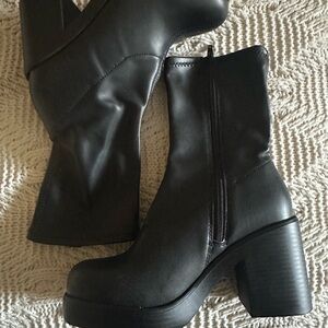 Soda Black Mid-Calf Block Heel Zip Ankle Boots